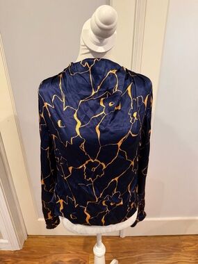 Astr Navy Satin Top with Gold Floral Accent